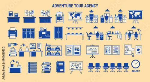 Adventure Tour Agency Office Flat Design Icons - Travel Business Workspace Elements