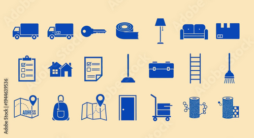 Moving House Icons Set - Blue Vector Graphics on Beige Background
