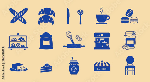 Baking and Coffee Icons Set: Croissants, Bread, Macarons, Coffee Machine, Butter, Cake