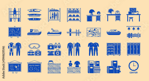 Collection of Equipment and Gear Icons in Blue on Beige Background