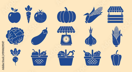 Farm Fresh Produce Icons: Apple, Carrot, Tomato, Pumpkin, Corn, Cabbage, Eggplant, Onion, Radish, Pepper, Basket