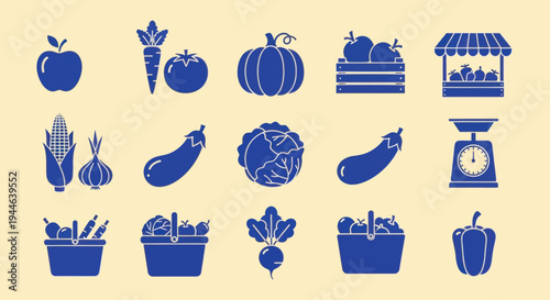 Fresh Produce Icons: Fruits, Vegetables, Market Stall, Scales, Baskets