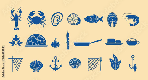 Seafood and Cooking Icons: Lobster, Crab, Fish, Oyster, Shrimp, Garlic, Lemon, Pan