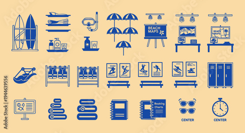 Beach Resort Icons: Surfboards, Umbrellas, Snorkel, Lockers, Clock, Beach Maps