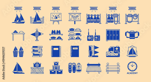 Nautical Icons Set: Sailboats, Ropes, Flags, and Marine Equipment