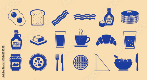 Breakfast Food Icons: Coffee, Pancakes, Bacon, Eggs, Toast, Croissant, Syrup