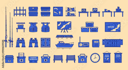 Pixel Art Fishing Gear and Equipment Set - Vector Illustration