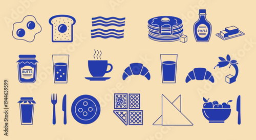 Breakfast Icons Set: Pancakes, Eggs, Bacon, Croissants, Jam, Coffee, Juice, Butter