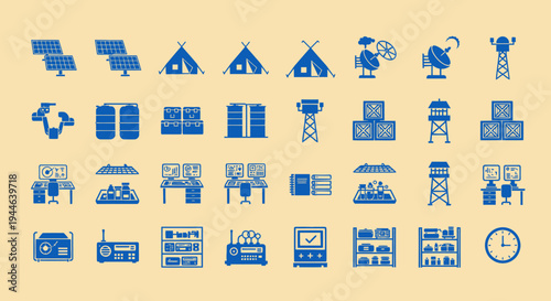 Technology and Infrastructure Icons: Solar Power, Tents, Radar, Control Rooms, Storage