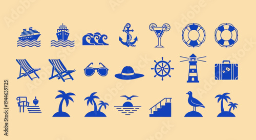 Summer Vacation Icons: Beach, Travel, Cruise, Nautical, Island, Lighthouse, Cocktail