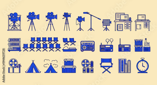 Film Production Icons Set: Cameras, Lights, Desks, Chairs, Tent, Radio, Alarm Clock