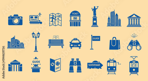 Travel and Tourism Icons Set: Camera, Map, Ticket Booth, Train, Binoculars, Cityscape