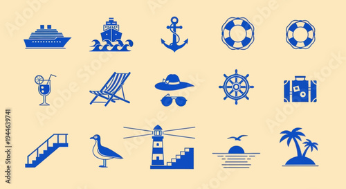 Summer Vacation Icons: Cruise Ship, Beach Chair, Lighthouse, Palm Tree, Anchor