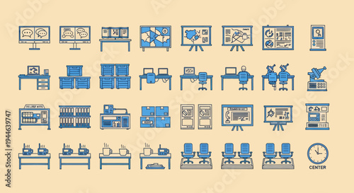 Pixel Art Office Icons: Desks, Computers, Charts, and More - Business and Technology