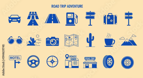 Road Trip Adventure Icons: Car, Gas Station, Map, Camera, Luggage, Mountains, Desert