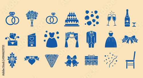 Wedding Icons Set: Rings, Cake, Dress, Suit, Champagne, Flowers, Invitation, Arch