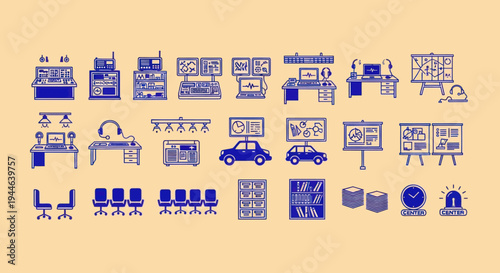 Retro Tech Control Room Icons: Computers, Cars, and Furniture