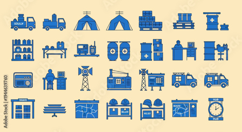 Emergency Aid and Disaster Relief Icons: Tents, Trucks, Supplies, and Equipment