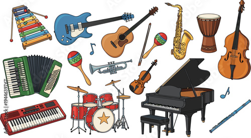 Collection of Musical Instruments, Guitars, Piano, Drums, Flute, Saxophone, Trumpet, Accordion, and Maracas, Colorful Music Instruments Set
