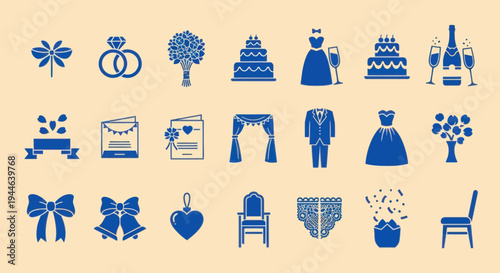 Wedding Icons Set: Rings, Cake, Dress, Flowers, Champagne, Arch, Invitations