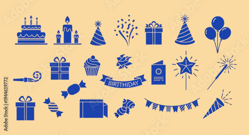 Happy Birthday Icons Set: Cake, Balloons, Gifts, Party Hats, Confetti, Candles