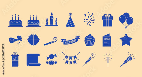 Birthday Party Icons Set: Cakes, Balloons, Gifts, Confetti, Sparklers