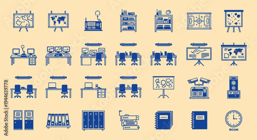Modern Office Icons: Workspace, Technology, and Security - Vector Illustration