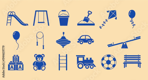 Children Playground Icons Set: Slide, Swing, Toys, Balloon, Kite, Ball