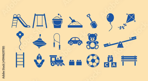 Collection of Blue Children's Toys and Playground Icons on Beige Background