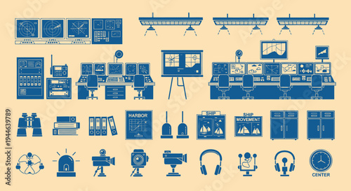 Control Room Equipment and Technology Icons Set