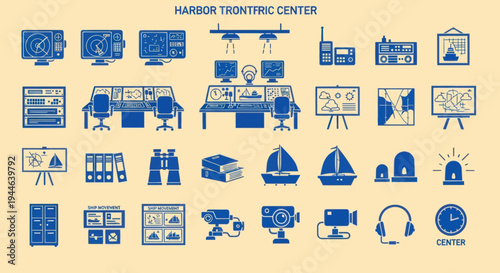 Harbor Traffic Control Center Icons - Blue on Beige Background