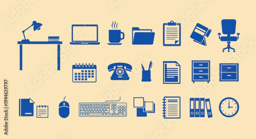 Office Icons Set - Desk, Laptop, Coffee, Files, Calendar, Clock, Chair, Keyboard