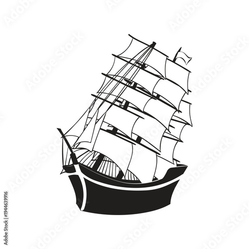 Vector illustration of an old wooden pirate ship with sails and flag isolated on a white background