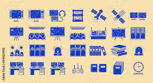 Control room icons: screens, computers, satellite, desks, files, clock, alert light