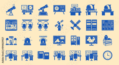 Astronomy and Space Observation Control Room Icons Set