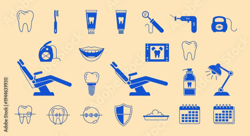 Dental Care Icons - Teeth, Tools, Chair, Implant, X-ray, Calendar