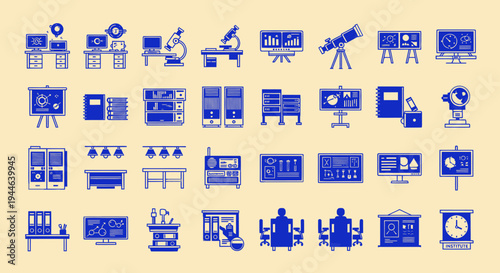Science and Technology Icons: Lab Equipment, Computers, Telescopes, and Meeting Rooms