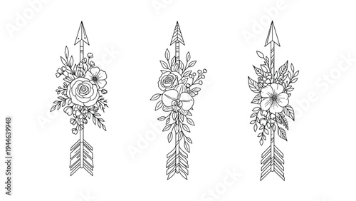 Trio of hand-drawn arrows are elegantly adorned with delicate flowers and leaves in a beautiful bohemian line art illustration style.