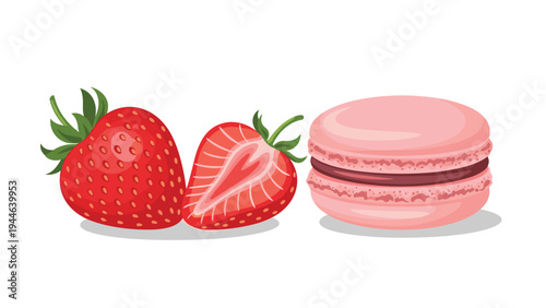 Delicious pink macaron is paired with fresh whole and sliced strawberries to create a sweet and tempting dessert-themed illustration.