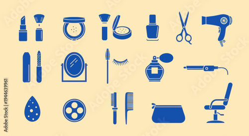 Beauty and Hairdressing Icons Set - Makeup, Hair Care, Styling Tools