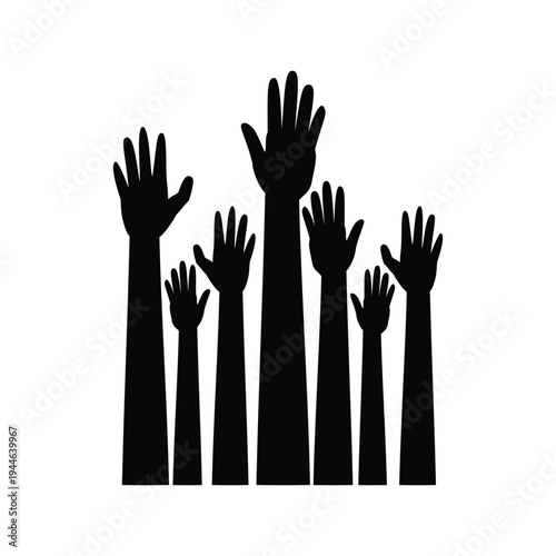 Vector illustration of raised hands silhouettes representing people volunteering helping voting and unity