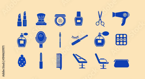 Blue Beauty Icons: Makeup, Hairdressing, and Cosmetics Collection on Cream Background