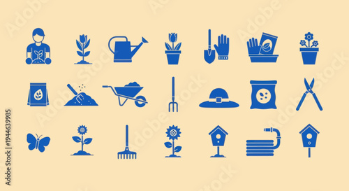 Gardening Icons: Tools, Plants, and Supplies Collection - Blue on Beige