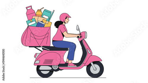 Energetic female delivery rider travels on a bright pink scooter carrying a large bag filled with packages for quick urban transport.