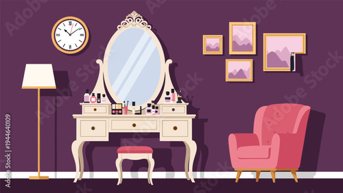 Luxurious bedroom vanity area features a classic white dressing table with a large oval mirror and a comfortable pink velvet armchair.