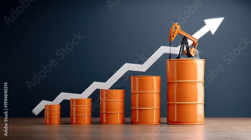 Oil barrels and pump jacks with an upward arrow showing increase in global oil prices on a blue background