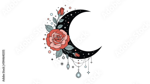 Mystical black crescent moon is beautifully decorated with pink roses and hanging crystal charms in a celestial and ethereal design.