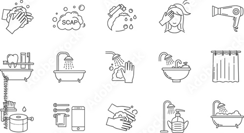 Personal Care and Hygiene Icons, Hand Washing, Shower, Bathing, Hair Drying, and Oral Care Illustrations