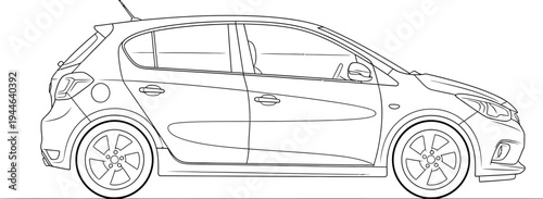 Elegant black and white line art illustration showcasing the side profile view of a modern compact hatchback car, ideal for automotive design projects and vehicle diagram concepts.