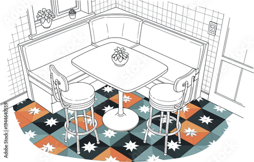 Black and white illustration of a corner breakfast nook featuring a built in booth seating area and star patterned tile floor